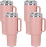4 Pack 40 Oz Tumbler with Handle and Straw, Stainless Steel Double Wall Vacuum Insulated Cup, 40 OZ Travel Coffee Mug Bulk with Silicone Water Bottle Boot(Pink) - Image 2