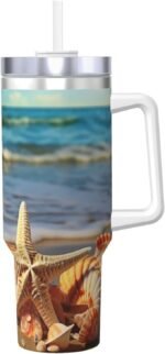 40 oz Stainless Steel Tumbler with Handle and Straw, Seashells on the sandy beach Car Cup Insulated Water Bottle Personalized Ice Bully Cup Hot/Cold Travel Coffee Mug Gifts, Cupholder Friendly - Image 2