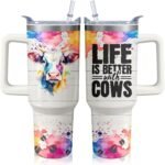40oz Cow Tumbler with Handle and Straw, Stainless Steel Insulated Cup with Lid and Straw, Travel Coffee Mug Water Bottle, Birthday Mothers Day Gifts for Women Men Animal Lovers - Image 2
