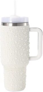 40oz Insulated Tumbler with Handle - Luxury White Pearl & Rhinestone Inlaid Car Cup - 304 Stainless Steel Vacuum Travel Mug for Women - Elegant Portable Bling Ice Master Cup - Image 2