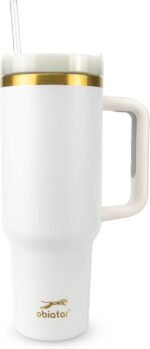 40oz Stainless Steel Travel Tumbler With Gold Accent| Double-Wall Vacumm Insulated Tumbler With Straw, Lid & Handle (White) - Image 2