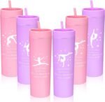 6 Pcs Gymnastics Party Favors Skinny Tumblers with Lids and Straws Gymnastics Birthday Party 16oz Water Bottle Valentines Gift for Girls Teens Gymnasts Coach Team Gymnast Lovers(Pink,Purple) - Image 2