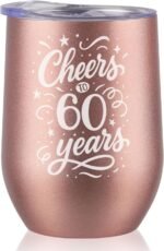 60th Birthday Gifts for Women, Her - Cheers to 60 Years - 12 oz/350 ml Stainless Steel Wine Tumbler with Straw and Lid - Women's Happy 60th Birthday Gifts Ideas - (Rose Gold) - Image 2