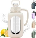 64 oz Glass Water Bolttles Half Gallon Large Motivational Water Bottle with Time Marker Sports Water Bottles with Silicone Sleeve and Handle Lid Water Jug for Gym Workout-1 Pack - Image 2