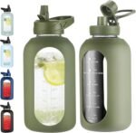 64 oz Glass Water Bottle With Straw and Handle, Half Gallon Sports Motivational Water Jug Flask with Silicone Sleeve, Large Water Cup with Time Marker for Travel, Gym, Army Green - Image 2