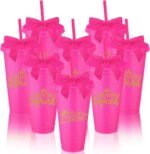 8 Set Birthday Party Glitter Tumblers 24 oz Birthday Squad Queen Plastic Tumblers with Lid Straw and Twist Bow for Squad Party Favor Decorations for Women(Rose Red) - Image 2