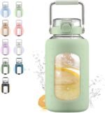 84oz Glass Water Bottle with Stainless Steel Handle,2.5L Gallon Water Bottle with 2-IN-1 Straw Lid, Silicone Sleeve and Motivational Capacity Marker, Wide Mouth Water Jug For Gym, Workout, Green - Image 2