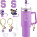 9pcs Cup Accessories Set, Butterfly Straw Cover Cap for Stanley Cup 30oz/40oz,Sticker for Stanley Decorations,Initial Letter Charm Personalized Spill-Proof Silicone Stoppers (Purple S) - Image 2