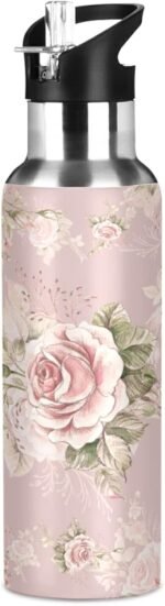 ALAZA Pink Rose Flower Water Bottle with Straw Lid Vacuum Insulated Stainless Steel Thermo Flask Water Bottle 20oz - Image 2