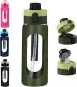 ANOTION 24OZ Glass Water Bottle, Large Sports Water Bottle with Dual-Drink Lid Clear Leakproof Glass Bottles with Straw, Motivational Jug with Silicone Sleeve and Time Marker for Travel Gym-Green - Image 2