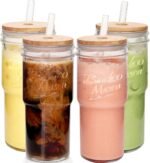 ANOTION Glass Cups with Lids and Straws 4 Packs, 24oz Travel Coffee Mug Bamboo Mason Jar Valentines Party Drinking Jars Glasses Cute Clear Glass Tumbler for Iced Coffee, Smoothie, Tea, Water - Image 2
