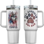 American Siberian Husky Dog Dad 4th of July Patriotic US Flag Insulated Tumbler Customized Name Tumbler Personalized With Lid Engraved 40oz with Lid - Image 2