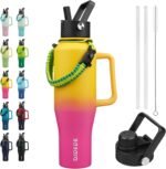 BJPKPK Insulated Water Bottles with Straw Lid, 40oz Metal Water Bottle with 2 lids & Paracord Strap, Double Wall Stainless Steel Tumbler with Handle, Reusable Cups, Mugs, Thermo, Pink & Yellow Rose - Image 2