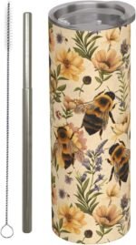 Bee and Flower Stainless Steel Insulated Tumbler with Lid - 20oz Nature Lovers Travel Mug,Reusable Metal Straw & Brush, Double-Wall Vacuum Bottle Cup for Hot and Cold Drinks Gifts - Image 2