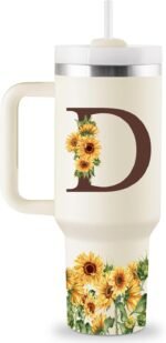 Birthday Gifts for Women - Monogrammed 40 oz Sunflower Tumbler With Handle & Straw - Personalized Gifts for Mom, Wife, Sister, Friend, Coworkers - Initial Cup - Image 2