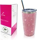 Bling Rhinestone Tumbler 20oz Stainless Steel Studded Glitter Thermal Cup with Leak proof Lid and Straws Double Wall Vacuum Insulated Portable Travel Coffee Mug (Pink) - Image 2