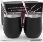 CHILLOUT LIFE 12 oz Stainless Steel Wine Tumblers 2 Pack - Double Wall Vacuum Insulated Wine Glasses Cups with Lids and Straws Set Keeping Cold & Hot for Coffee, Beer, Ice Cream - Powder Coated Black - Image 2