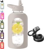 CIVAGO 64 oz Glass Water Bottle Jug with Straw and Handle, Half Gallon Sports Motivational Water Bottle with Time Marker, Wide Mouth Flask Canteen with Silicone Sleeve for Gym, Apricot - Image 2