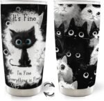 Cat Gifts for Cat Lovers, Funny Black Cats 20oz Travel Coffee Mug Tumbler, Im Fine Everythings Fine Stainless Steel Tumbler with Lid and Straw - Image 2