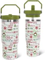 Christmas Tumbler with Handle and Straw Green Xmas Trees Joy Snowflakes Tumbler Insulated Stainless Steel Cups Xmas Coffee Travel Mug Winter Merry Christmas Gifts Decor-30 OZ - Image 2