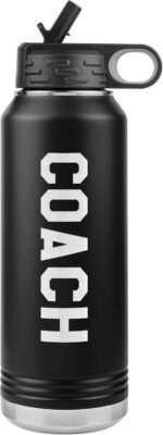 Coach Water Bottle - Coach Gift - 32oz Insulated Engraved Stainless Steel Flip Top with Straw Black - Image 2