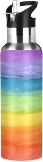 Colorful Stripe Rainbow Water Bottle Vacuum Insulated Stainless Steel Mug Kids Water Bottle with Straw and Handle Keep Hot Cold Sport Bike Fit Travel Outdoor 20 oz - Image 2