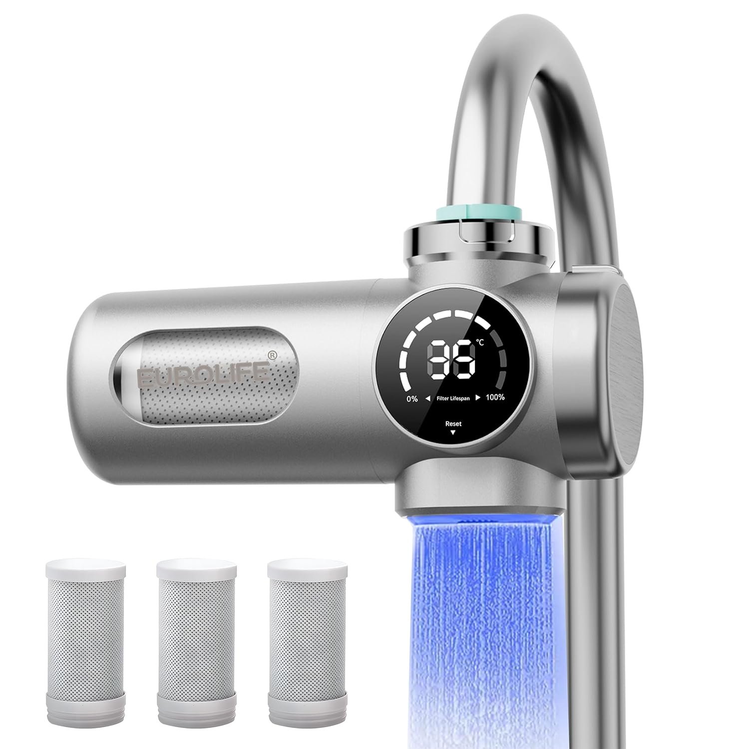 Combo Eurolife Faucet Mount Water Filter EL-LS-A15, LED Sink Water Filter with UV Light and Real Time Filter Life Indicator, Carbon Filter 8 Level fine Filtration, Extra More 2 Carbon Filter Included - Image 2