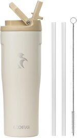 Coolflask Water Bottle 32 oz Fits Car Cup Holder, Slim Tumbler Stainless Steel with Straw & Handle, Vacuum Flask Leakproof Wide Mouth for Travel Sports Gym, Cream White - Image 2