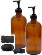 Cornucopia Brands 16oz Amber Glass Bottles w/ Pump Dispensers (2-Pack); Refillable Lotion Liquid Soap Pump Brown Bottles Labels, BPA-Free Plastic Tops - Image 2