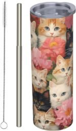 Cute Cat Stainless Steel Insulated Tumbler with Lid - 20oz Kitten Flower Floral Travel Mug, Reusable Metal Straw and Brush, Double-Wall Vacuum Bottle Cup for Hot and Cold Drinks,Gifts Women - Image 2