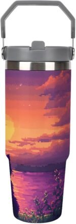 Digital Cat Enjoy The Sunset Portable Tumbler with Lid And Straw 30oz Insulated Water Bottle Car Drinking Cups - Image 2