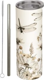 Dragonfly and Wildflower Stainless Steel Insulated Tumbler with Lid - 20oz Vintage Botanical Travel Mug,Reusable Metal Straw & Brush,Double-Wall Vacuum Bottle Cup for Hot and Cold Drinks,Gifts - Image 2