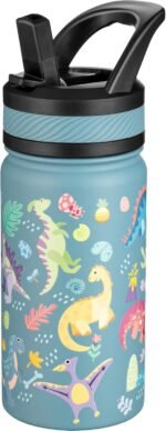 Fanhaw 14 Oz Kids Insulated Water Bottle with Straw - Stainless Steel Double Wall Vacuum Cup, Leakproof, BPA Free, Suitable for Boys and Girls(Cyan - Dinasours World) - Image 2