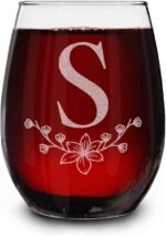 Floral Monogram Engraved S Initial Stemless Wine Glass 15 oz. Personalized Mother's Day Bridal Gift for Her Elegant Custom Letter Wine Glass - Image 2