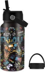 Game Gifts for Kids, 25oz Gaming Water Bottle with 2 Lid & Straw - Game Play Stainless Steel Water Bottles, BPA-free Leakproof Insulated Kids Sports Waters Bottle for School Travel, Gift Cup for Teen - Image 2