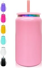 Glass Cups with Lids and Straws, 16 oz Stainless Steel Cups, Insulated Skinny Tumbler, Powder Coated Travel Mugs for Laser Engrave, Iced Coffee Cup for Smoothie Water DIY Gift (Pink,1 pack) - Image 2