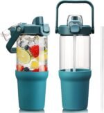 Glass Tumbler with Carry Handle, Clear Glass Water Bottle with Leakproof Lid, Spout Lid&Straw, BPA-Free, 32 oz, Peacock Blue - Image 2