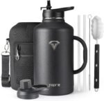 Half Gallon Water Bottle with Straw and Lid, 64 oz Insulated Stainless Steel Jug with Handle,Reusable Metal Travel Flask Mug Cup With Carry Pouch and Brush,Keep Cold & Hot,Black - Image 2