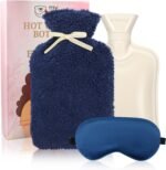 Hot Water Bottle with Cover for Pain Relif, Rubber Hot Water Bag 2L with Sleep Mask for Bed Neck Cramps Hot Compress Cute Fleece Blue Cover - Image 2
