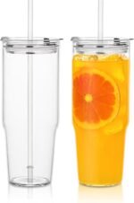 INSETLAN 30oz Glass Tumbler with Lid and Straw, Set of 2 – Reusable Glass Water Bottle with Straw, Clear Iced Coffee Cups for Water, Smoothies, Tea, Juice – Perfect for Travel & Daily Use - Image 2