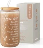 Inspiration Glass Can, Positive Motivational Cup with Lid & Straw, Iced Coffee Aesthetic Cups, Idea Gift for Christmas Birthday Mother Day, Gifts for Women, 16oz - Image 2