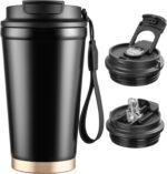 Insulated Travel Coffee Mug, 13oz Leakproof Coffee Tumblers With Strap & 2-In-1 Lids, Vacuum-Insulated Stainless Steel Reusable Coffee Cup For Hot & Cold Drinks(Black) - Image 2