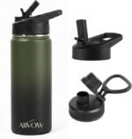 Insulated Water Bottle 32 oz with Straw, Metal Vacuum Stainless Steel Water Flask, Leak Proof & BPA-Free Sports Mens Water Bottle (2 Lids) for Gym,Hiking,Travel, Green to Black - Image 2
