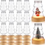 Irenare 12 Set Christmas Snow Globe DIY Kit Christmas Tree Shaped Globe Jar with LED Light Wooden Base 5.5 Inches/140 mm Plastic Clear Water Globes with Screw Off Cap Candy Cookies Jar for Crafts - Image 2