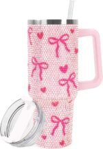 JarThenaAMCS Valentine's Day Pink Bow Tumbler with Lid and Straw 40oz Rhinestone Bowknot Heart Tumbler with Handle for Women Girls Stainless Steel Cup for Home Office Travel Gift - Image 2
