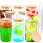 Joyclub Glass Cups with Bamboo Lids and Straws 8 Set 16 oz Reusable Iced Coffee Cup Beer Can Drinking Jars for Smoothie Whiskey Boba Soda Tea Gift - Image 2