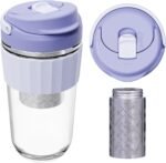 Leak-proof Glass Coffee Mug with Lock Lid, 17oz Reusable Coffee Cup with Stainless Steel Filter, Travel Tea and Fruit Infuser with Handle, BPA-free, Dishwasher Safe (Lavender) - Image 2