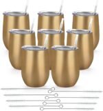 Lifecapido 8 Pack 12oz Stainless Steel Wine Tumblers, Insulated Wine Tumbler, Double Wall Insulated Wine Glass, Stainless Steel Stemless Wine Cups with Lids for Coffee, Wine, Champaign, Gold - Image 2