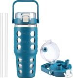 MUKOKO 32 oz Glass Tumbler with Straw,Glass Water Bottles with Time Marker,Iced Coffee Cup with Silicone Sleeve,Motivational Drinking Bottles,Leakproof-Steel Blue - Image 2