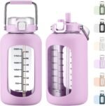 MUKOKO 84oz Glass Water Bottle with Time Marker and Silicone Sleeve 2.5L Water Jug with Stainless Steel Handle Gallon Drinking Bottle with 2-in-1 Lid Wide Mouth BPA Free, Purple - Image 2